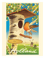 Holland - Netherlands - Tree Trunk Birdhouse, Dutch Windmills - c. 1950's - Fine Art Prints & Posters
