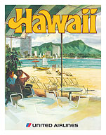 Hawaii - Waikiki Beach and Diamond Head - United Air Lines - c. 1970's - Fine Art Prints & Posters
