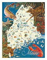 State of Maine Wildlife Map - New England - c. 1950's - Giclée Art Prints & Posters