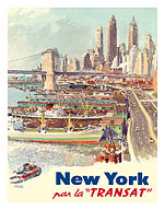 New York City - Travel by Boat (Par La Transat) - Brooklyn Bridge - c. 1950's - Giclée Art Prints & Posters