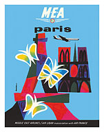 Paris, France - Eiffel Tower - Notre Dame Cathedral - MEA Middle East Airlines - c. 1960's - Fine Art Prints & Posters