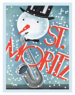 St. Moritz Switzerland - Snowman Playing Saxophone - c. 1928 - Fine Art Prints & Posters