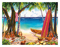 Beach Dreams - Hawaiian Beach Party - Ukuleles, Surfboards - Fine Art Prints & Posters