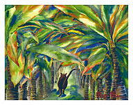 Carol's Lanai - Hawaiian Black Cat ('ele'ele Popoki) in Palm Trees and Ti Plants - Fine Art Prints & Posters