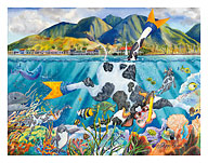 Day Off From The Dairy - Hawaiian Snorkeling Cow (Bipi Wahine) in Lahaina Town - Fine Art Prints & Posters