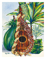 Mele Pua (Flower Song) - Hawaiian Ukulele, Leis, Ti Leaves Offering - Fine Art Prints & Posters