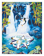 Penguin Follies - Playful Penguins in Hawaiian Waterfall (Wailele) - Fine Art Prints & Posters