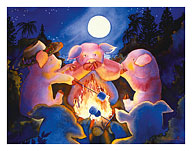 Pig Tales - Hawaiian Pigs (Pua'a) Roasting Marshmallows Over a Campfire - Fine Art Prints & Posters