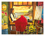 She's an Artist - Woman Watching Ocean Sunset with Dog - Fine Art Prints & Posters