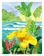 Yellow Canna with Waves - Tropical Paradise Hawaii - Hawaiian Islands - Fine Art Prints & Posters