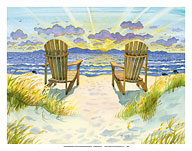 Wait For The Dawn - The Two of Us - Beach Chairs Ocean Twilight View - Fine Art Prints & Posters