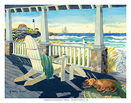 Morning Coffee at the Beach House - Seaside Ocean View with Dog - Fine Art Prints & Posters