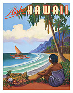 Aloha Hawaii - Hawaiian Woman watching Outrigger Canoe (Wa'a) - Giclée Art Prints & Posters