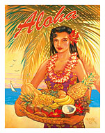 Aloha Fruit Basket - Hawaii Woman (Wahine) - Tropical Fruit Basket - Giclée Art Prints & Posters