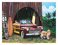 Surf Animal - Retro Woodie Car with Surfboards - Golden Retriever Surfing Dog - Fine Art Prints & Posters