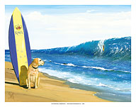 The Kings Beach - Dog with Surfboard - Big Wave Surfer - Fine Art Prints & Posters
