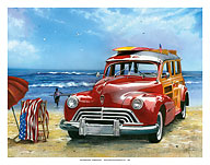 Surfin USA - Retro Woodie Car with Surfboards on Beach - Fine Art Prints & Posters