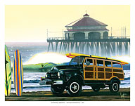 One Last Ride - Retro Woodie on Beach with Surfboards - Huntington Beach Pier - Fine Art Prints & Posters