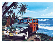 Kahuna Klaus - Retro Christmas Woodie on Beach with Surfboards - Fine Art Prints & Posters