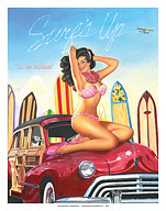 Big Kahuna Bebe - Retro Woodie with Surfboards and Pin-up Girl - Fine Art Prints & Posters