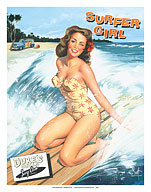 Surfer Girl - Retro Woodie with Surfboards and Surfing Pin-up Girl - Fine Art Prints & Posters