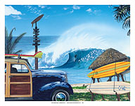 Break Time - Retro Woodie on Beach with Surfboards - Big Wave Surfer - Fine Art Prints & Posters