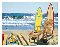 Board Meeting - Beach Chairs, Surfboards & Ocean View - Fine Art Prints & Posters