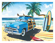 Old Friends - Retro Woodie on Beach with Surfboards - Fine Art Prints & Posters