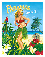Paradise Awaits - Pin-up Beauty in Grass Skirt - Fine Art Prints & Posters