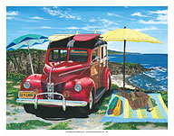 Palisades Picnic - Retro Woodie Car with Surfboards - Fine Art Prints & Posters