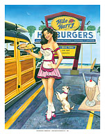 Car Hop Cutie - Retro Woodie with Surfboards and Pin-up Girl - Fine Art Prints & Posters