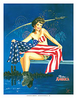 Maiden America - Patriotic Pin-up Girl with American Flag - Fine Art Prints & Posters