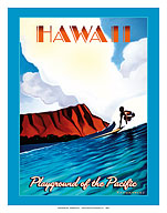Hawaii - Playground of the Pacific - Surfing At Diamond Head - Giclée Art Prints & Posters