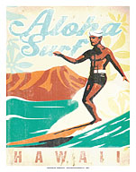 Aloha Surf Hawaii - Surfer On Longboard - Giclée Art Prints & Posters