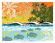 Aloha Woodcut - Hawaii Wave, Fish and Palm Trees - Fine Art Prints & Posters
