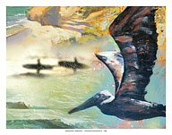 California Coast - Surfers and Pelican - Fine Art Prints & Posters