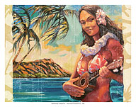 Hawaiian Girl With Ukulele - Waikiki Beach and Diamond Head - Fine Art Prints & Posters