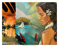 Moorea Girl - Tahiti - Sailboat, Palms and Ginger Flowers - Fine Art Prints & Posters