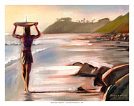 Sunset Surf Session - Woman With Surfboard - Fine Art Prints & Posters