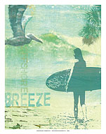 Offshore Breeze - Surf Girl and Pelican - Fine Art Prints & Posters