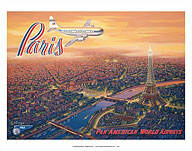 Over Paris, France - Pan American World Airways - Eiffel Tower - Boeing 377 Stratocruiser - Giclée Art Prints & Posters