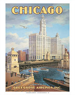 Chicago, Illinois - DuSable Bridge (Michigan Avenue Bridge) - Grey Goose Airlines - Fine Art Prints & Posters