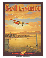 San Francisco, California - Western Air Express - Fokker Trimotor - Oakland Bay Bridge (Under Construction) - Giclée Art Prints & Posters