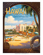 Hawaii, Land of Surf & Sunshine - Waikiki Beach - The Royal Hawaiian Hotel (Pink Palace of the Pacific) - Giclée Art Prints & Posters