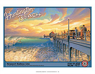Visit Huntington Beach - California - Newport-Balboa Line - Pacific Electric (Red Car) - Surfing the Pier - Giclée Art Prints & Posters