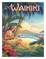 Greetings from Waikiki, Hawaii - Ukulele Hula Girl - Diamond Head Crater - Fine Art Prints & Posters