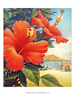 Hibiscus Beach Day - Waikiki Beach - Red Hibiscus - Fine Art Prints & Posters