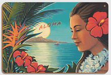 Aloha Moonrise - Hula Girl - Full Moon over Diamond Head Crater - Wood Sign Art