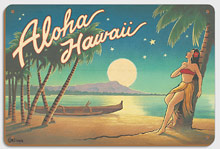 Aloha Hawaii - Full Moon over Diamond Head - Wood Sign Art