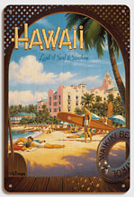 Hawaii, Land of Surf & Sunshine - Waikiki Beach - The Royal Hawaiian Hotel (Pink Palace of the Pacific) - Wood Sign Art